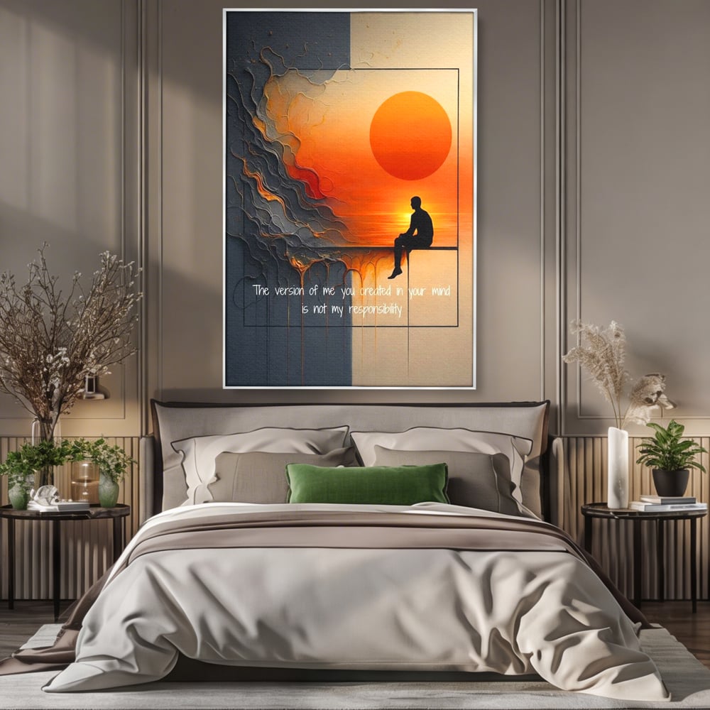 Tablou canvas cu tablou canvas cu silueta pe fundal de apus, in rama de aluminiu argintiu, pe perete intr-un dormitor